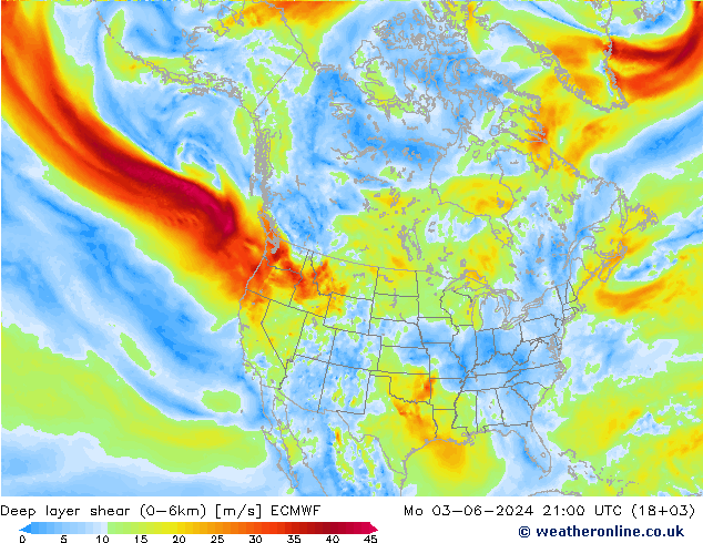 Deep layer shear (0-6km) ECMWF Pzt 03.06.2024 21 UTC