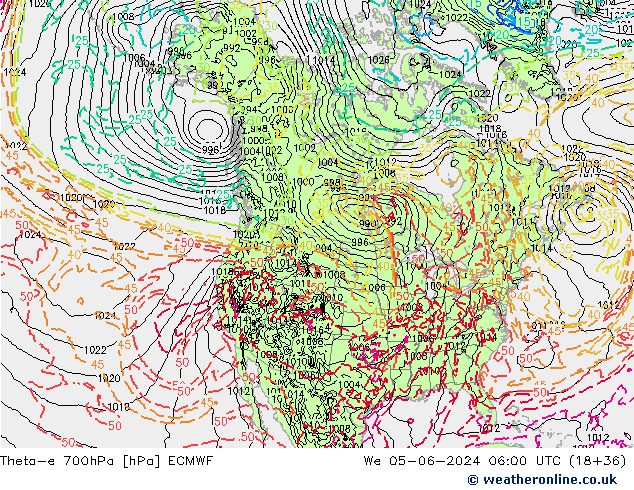 Theta-e 700hPa ECMWF mer 05.06.2024 06 UTC