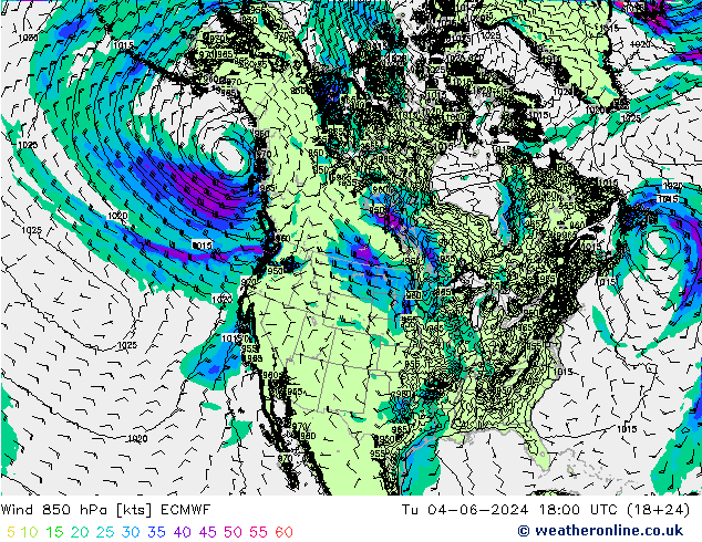 风 850 hPa ECMWF 星期二 04.06.2024 18 UTC