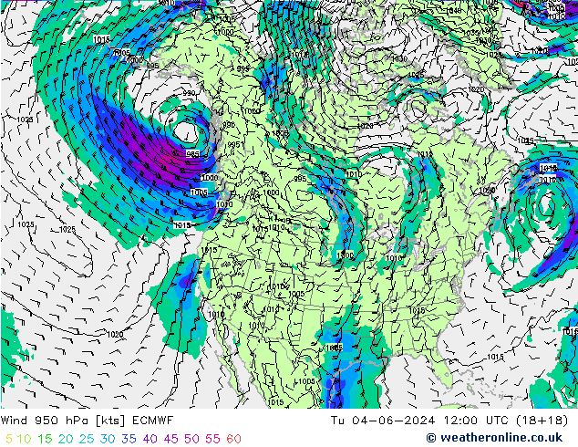 风 950 hPa ECMWF 星期二 04.06.2024 12 UTC