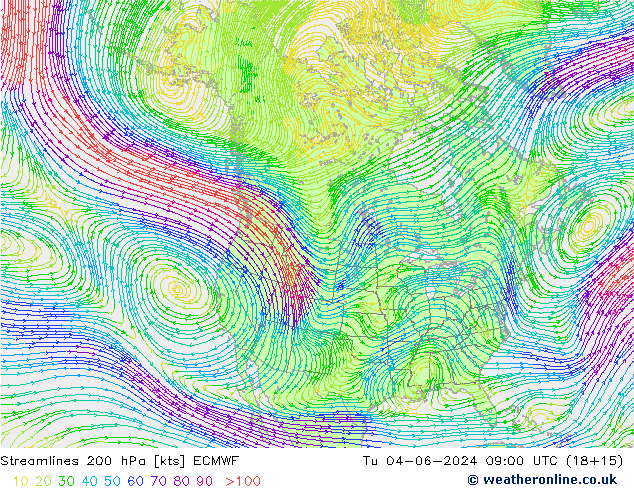 Streamlines 200 hPa ECMWF Út 04.06.2024 09 UTC