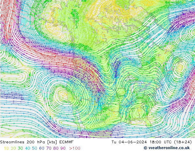 Línea de corriente 200 hPa ECMWF mar 04.06.2024 18 UTC