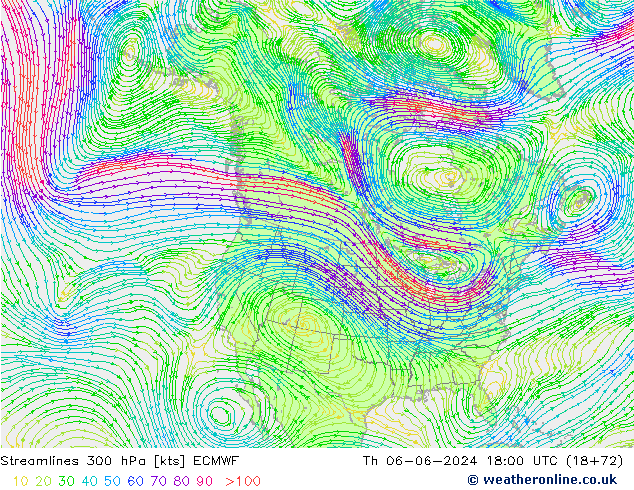 Linia prądu 300 hPa ECMWF czw. 06.06.2024 18 UTC