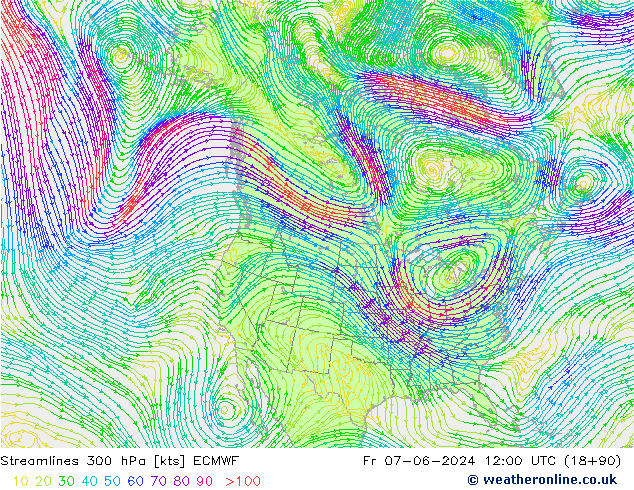 Stroomlijn 300 hPa ECMWF vr 07.06.2024 12 UTC