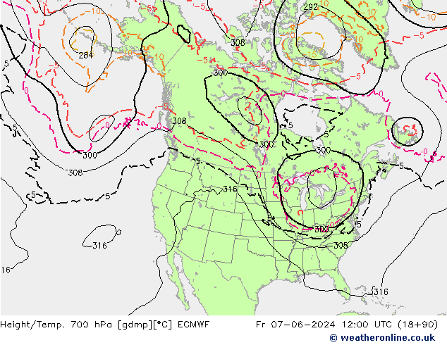 Height/Temp. 700 hPa ECMWF Fr 07.06.2024 12 UTC