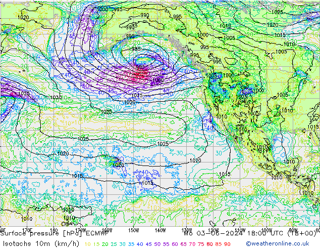 Isotachen (km/h) ECMWF ma 03.06.2024 18 UTC