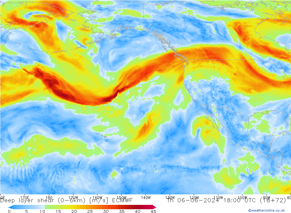 Deep layer shear (0-6km) ECMWF Čt 06.06.2024 18 UTC