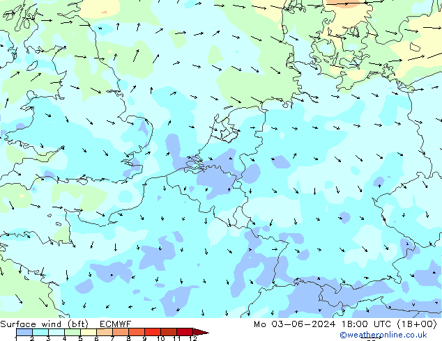 Surface wind (bft) ECMWF Mo 03.06.2024 18 UTC