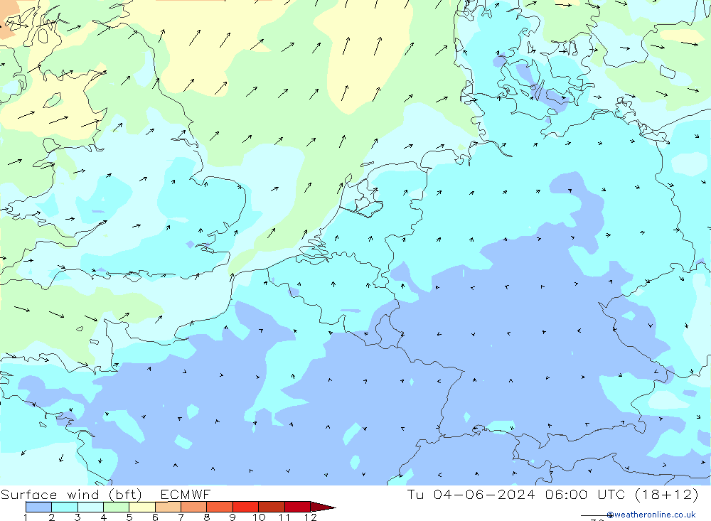 Vento 10 m (bft) ECMWF Ter 04.06.2024 06 UTC