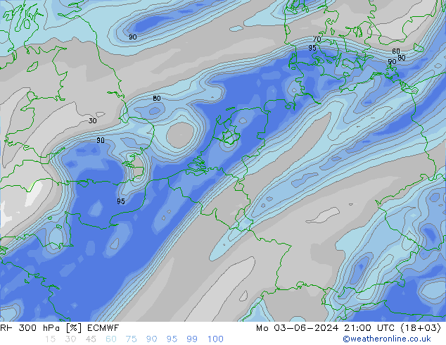 RH 300 hPa ECMWF Mo 03.06.2024 21 UTC