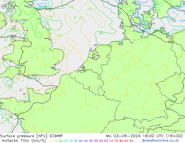 Isotachen (km/h) ECMWF ma 03.06.2024 18 UTC