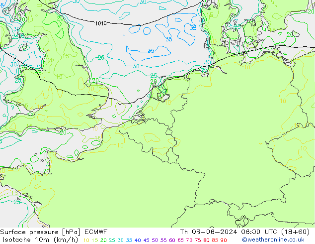 Isotachen (km/h) ECMWF do 06.06.2024 06 UTC