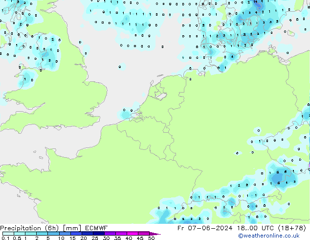 Precipitation (6h) ECMWF Pá 07.06.2024 00 UTC