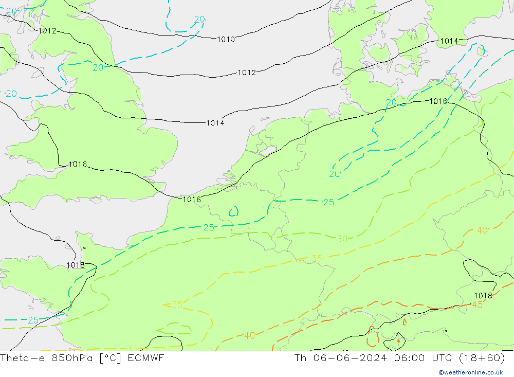 Theta-e 850hPa ECMWF jue 06.06.2024 06 UTC