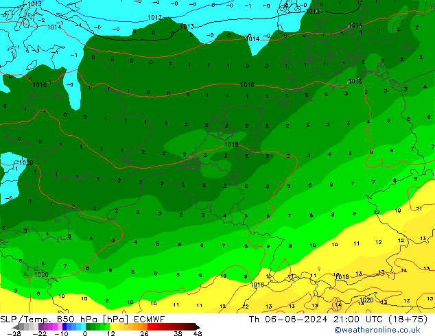 SLP/Temp. 850 hPa ECMWF Qui 06.06.2024 21 UTC