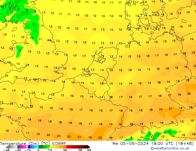 mapa temperatury (2m) ECMWF śro. 05.06.2024 18 UTC