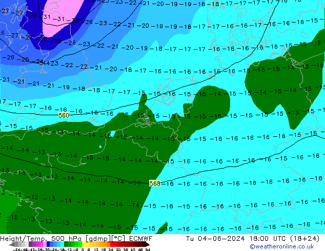 Height/Temp. 500 hPa ECMWF Di 04.06.2024 18 UTC