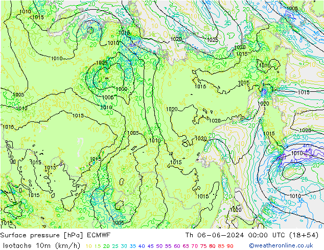 Izotacha (km/godz) ECMWF czw. 06.06.2024 00 UTC