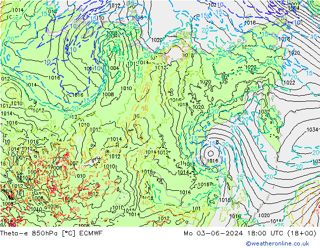 Theta-e 850hPa ECMWF Po 03.06.2024 18 UTC