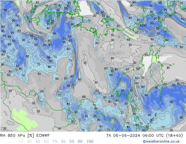 RH 850 hPa ECMWF czw. 06.06.2024 06 UTC