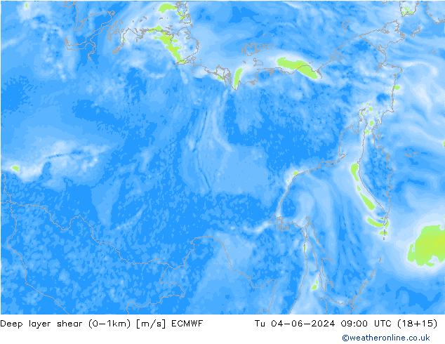 Deep layer shear (0-1km) ECMWF Tu 04.06.2024 09 UTC