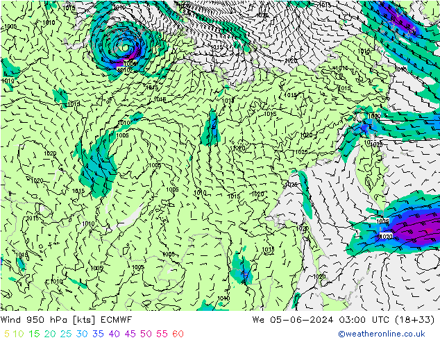 Rüzgar 950 hPa ECMWF Çar 05.06.2024 03 UTC