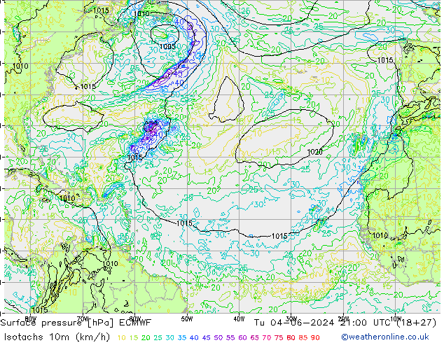 Isotachs (kph) ECMWF Tu 04.06.2024 21 UTC