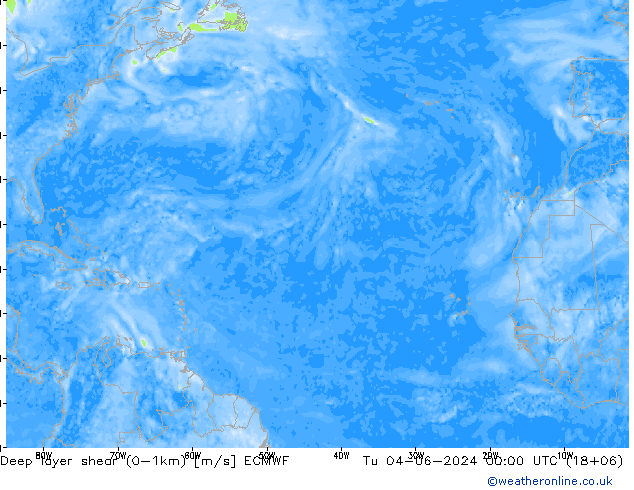 Deep layer shear (0-1km) ECMWF Tu 04.06.2024 00 UTC