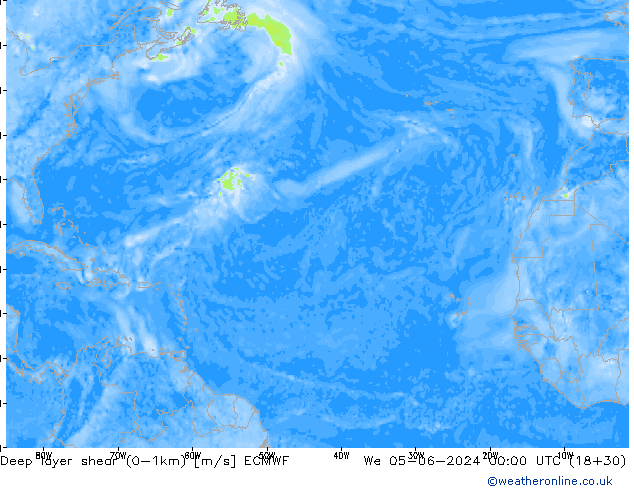 Deep layer shear (0-1km) ECMWF mer 05.06.2024 00 UTC