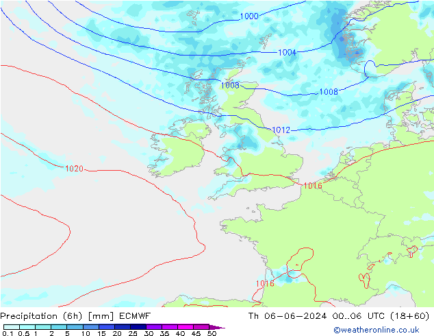 Totale neerslag (6h) ECMWF do 06.06.2024 06 UTC