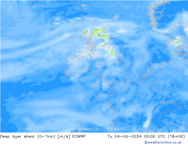 Deep layer shear (0-1km) ECMWF вт 04.06.2024 00 UTC