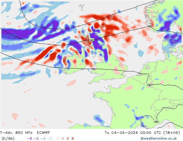 T-Adv. 850 hPa ECMWF Sa 04.06.2024 00 UTC