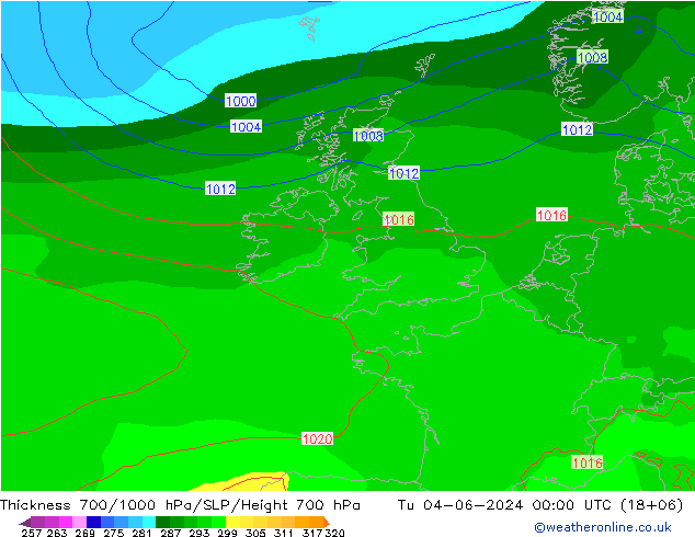 Espesor 700-1000 hPa ECMWF mar 04.06.2024 00 UTC