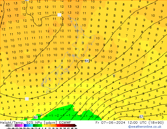 Height/Temp. 925 hPa ECMWF Fr 07.06.2024 12 UTC