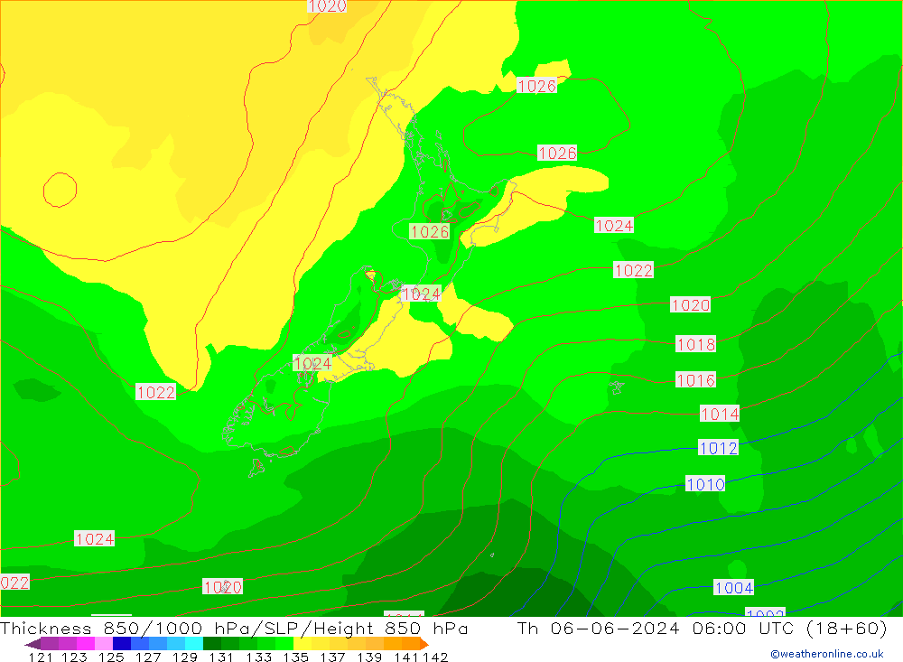 Thck 850-1000 hPa ECMWF Qui 06.06.2024 06 UTC