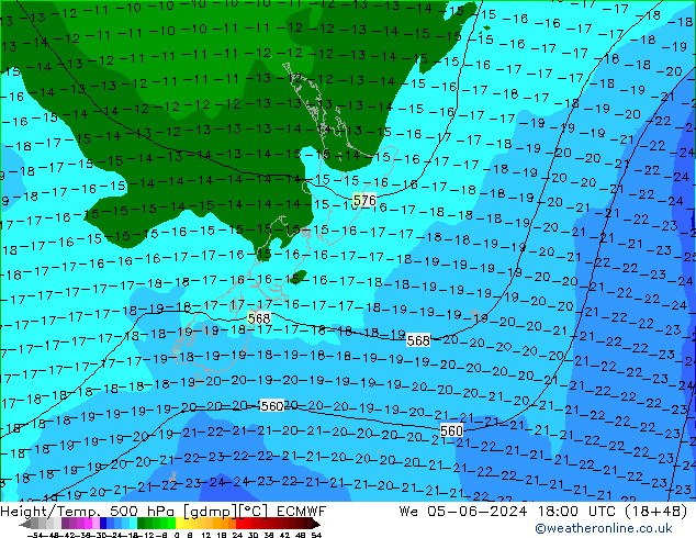 Height/Temp. 500 hPa ECMWF śro. 05.06.2024 18 UTC