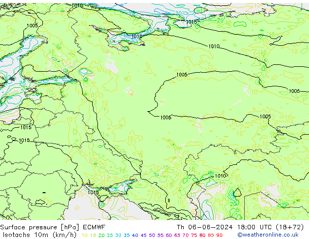 Isotachs (kph) ECMWF Th 06.06.2024 18 UTC