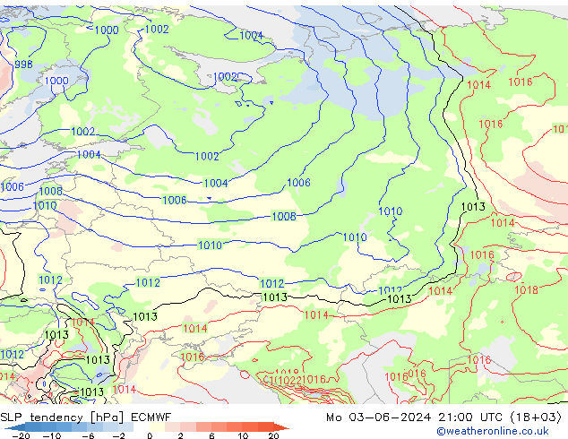 SLP tendency ECMWF Mo 03.06.2024 21 UTC