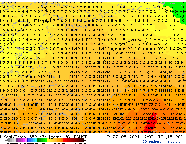 Height/Temp. 850 hPa ECMWF Pá 07.06.2024 12 UTC