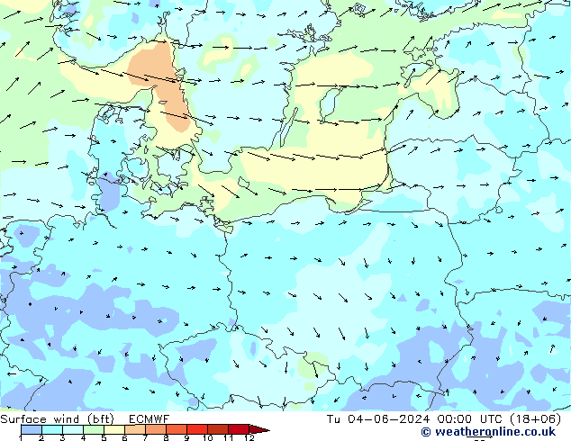 Vent 10 m (bft) ECMWF mar 04.06.2024 00 UTC