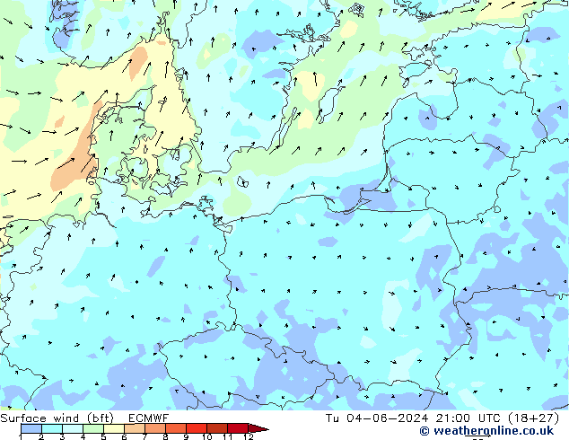 Viento 10 m (bft) ECMWF mar 04.06.2024 21 UTC