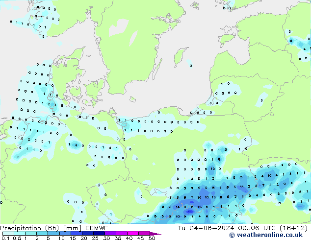 Precipitation (6h) ECMWF Tu 04.06.2024 06 UTC