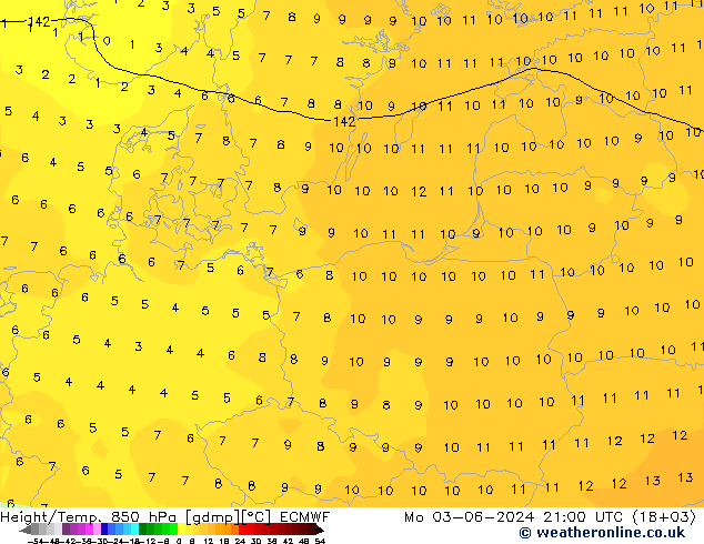 Geop./Temp. 850 hPa ECMWF lun 03.06.2024 21 UTC