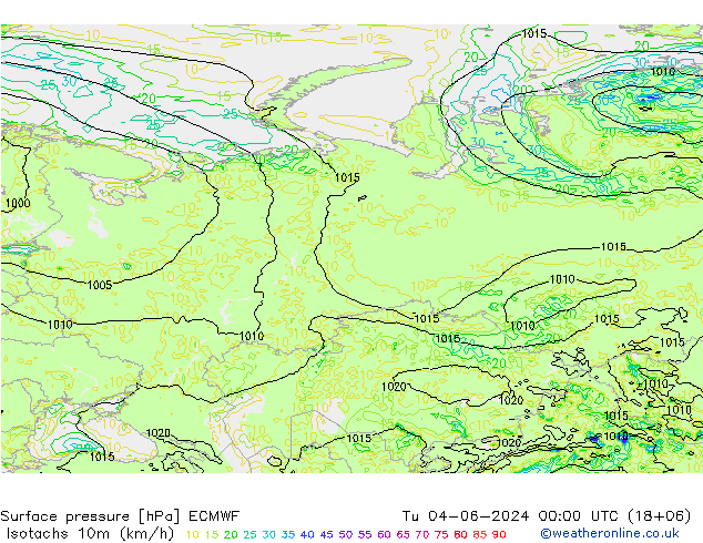 Isotachs (kph) ECMWF Tu 04.06.2024 00 UTC