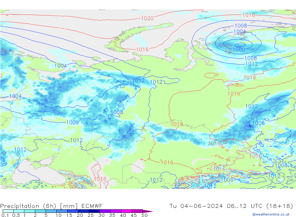 Precipitation (6h) ECMWF Tu 04.06.2024 12 UTC