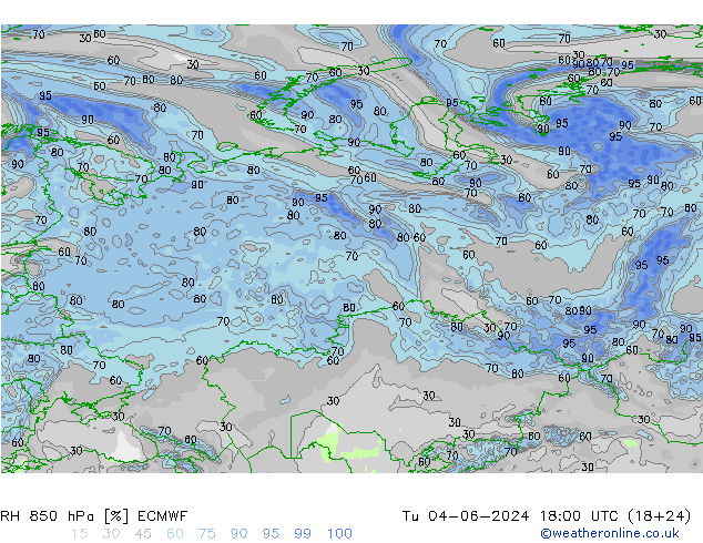 RH 850 hPa ECMWF Út 04.06.2024 18 UTC