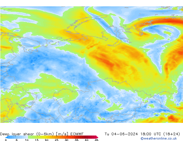 Deep layer shear (0-6km) ECMWF wto. 04.06.2024 18 UTC