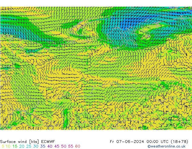 wiatr 10 m ECMWF pt. 07.06.2024 00 UTC