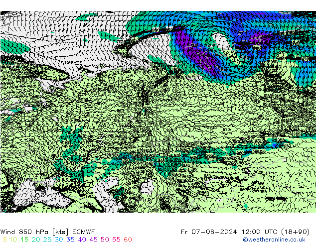 wiatr 850 hPa ECMWF pt. 07.06.2024 12 UTC