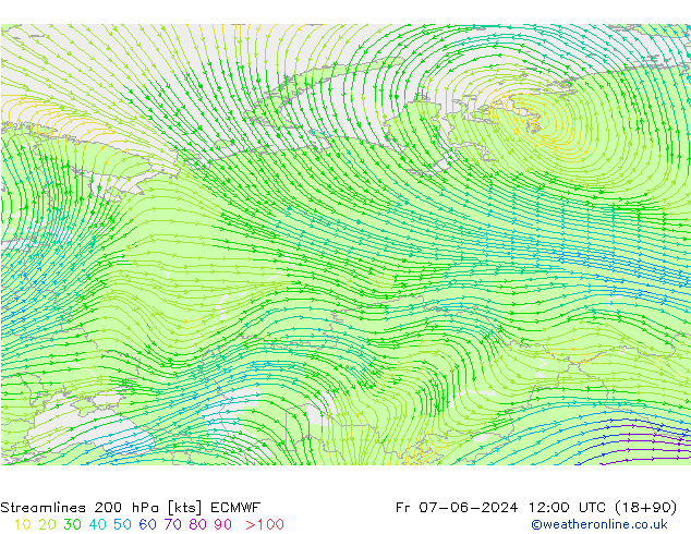 Linia prądu 200 hPa ECMWF pt. 07.06.2024 12 UTC